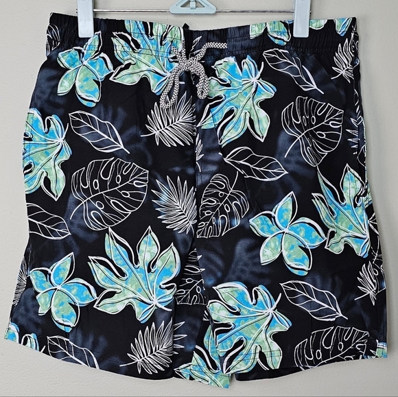 Men's Quick Dry Tropical Beach Shorts Swimsuit Swimwear Swim Trunks, Black/Teal - Picture 3 of 7